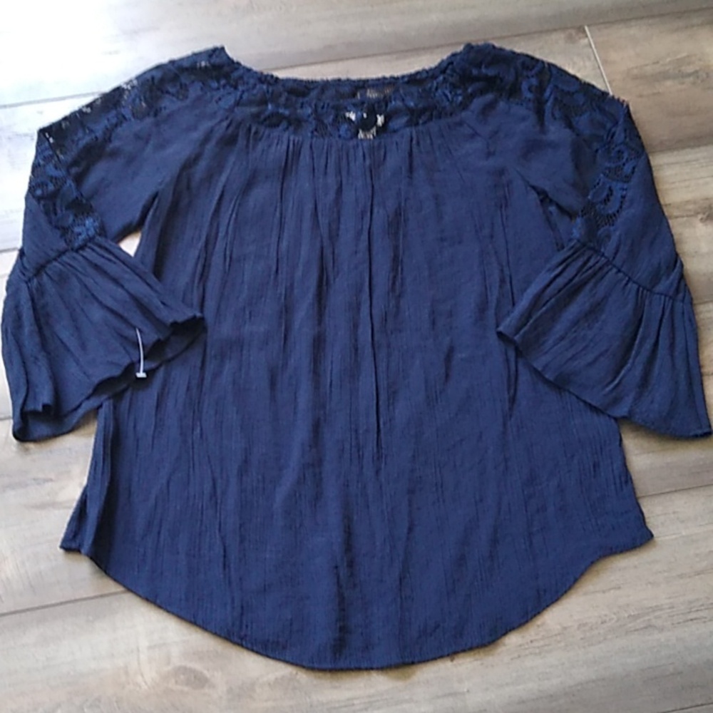 Cato Women's Lace Shoulder Ruffle Sleeve Top Shirt Navy Blue XS